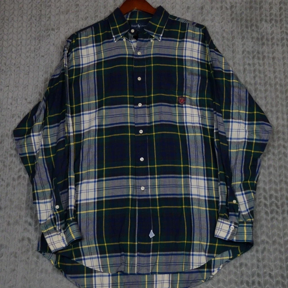 Ralph Lauren Button Down Shirt Mens L‎ Blue Green Plaid Crest Patch Cotton